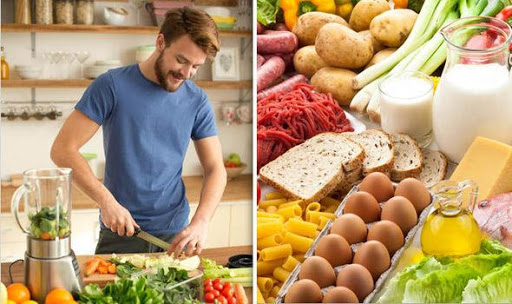 Man cutting veegtables, eggs on the side